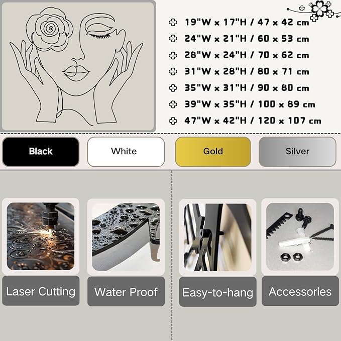Trpiox Minimalist Woman Face Metal Wall Art, Abstract Metal Wall Art, Line Art Wall Decor for Living Room, Bedroom, Bathroom (White,47" W x 42" H / 120 x 107 cm)