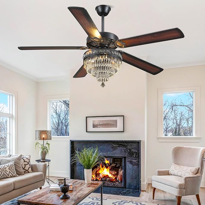 Asyko Crystal Ceiling Fan Fandelier with Lights - Modern Outdoor Fans with Remote Control，Noiseless DC Motor, Retro/Farmhouse Lighting, Dining Room， Living Room (62")
