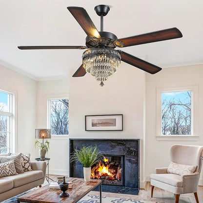 Asyko Crystal Ceiling Fan Fandelier with Lights - Modern Outdoor Fans with Remote Control，Noiseless DC Motor, Retro/Farmhouse Lighting, Dining Room， Living Room (62")