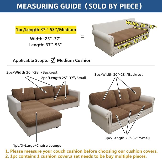 Eismodra Couch Cushion Covers Magic Stretch Sofa Slipcover for 3 Cushion Couch Dogs Pet L Shape 2 Seat Replacement Furniture Protector,Light Brown Length 37-53 inches(Only 1 Piece)