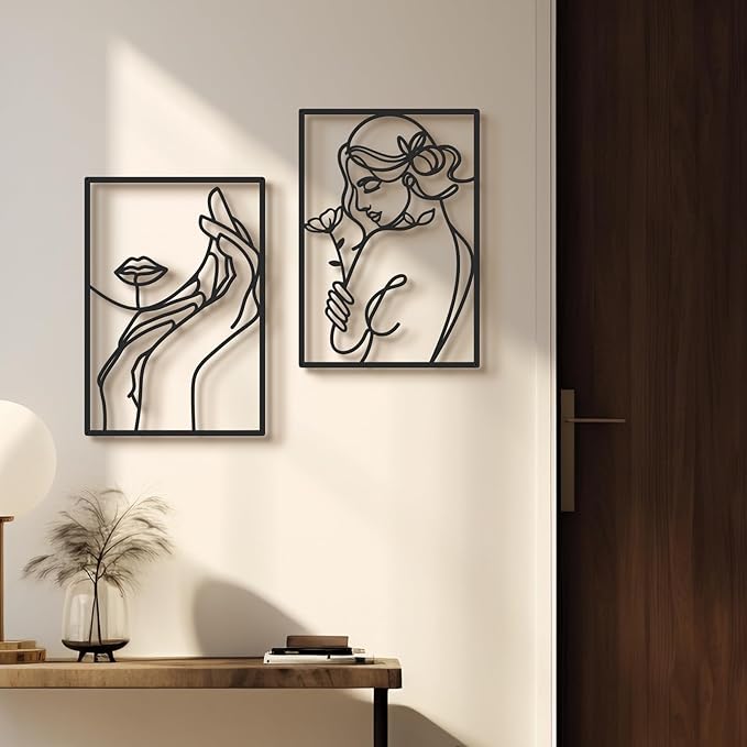 Bakovity Black Metal Wall Art, Abstract Flower Line Sculpture, Black Minimalist Modern Wall Decor for Living Room, Bedroom, Bathroom (4 Pieces, 17x12 Inches)