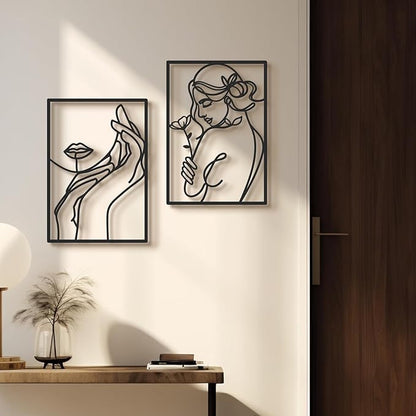 Bakovity Black Metal Wall Art, Abstract Flower Line Sculpture, Black Minimalist Modern Wall Decor for Living Room, Bedroom, Bathroom (4 Pieces, 17x12 Inches)