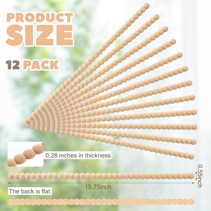 Nuanchu 12 Pcs Decorative Beaded Wood Trim Molding Half Wooden Beads Bobbin Trims 15.75 Inch Unfinished 3D Pearl Paintable Wood Molding for DIY Crafts Home Wall Cabinet Shelf Window Door (14 mm)