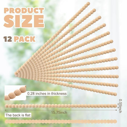 Nuanchu 12 Pcs Decorative Beaded Wood Trim Molding Half Wooden Beads Bobbin Trims 15.75 Inch Unfinished 3D Pearl Paintable Wood Molding for DIY Crafts Home Wall Cabinet Shelf Window Door (14 mm)