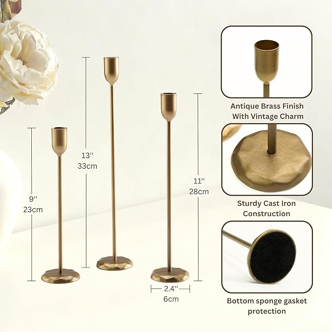 Perfnique Brass Candlestick Holders Set of 6 - Antique Gold Iron Candle Holders for Christmas, Birthday, Wedding, Party, Dining Table, Fireplace Mantel Decor (Gold)