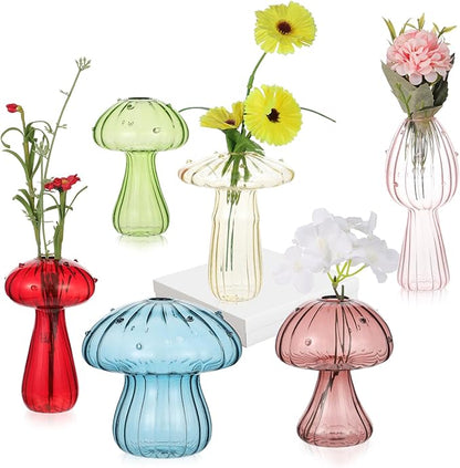 Mushroom Vase, Set of 6 Colored Flower Vase, Propagation Stations Vases, Glass Vases for Decor, Small Bud Vases Home Decor Small Cute Mushroom Planter for Room Office Decoration