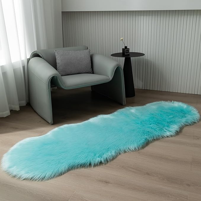 Faux Fur Rug Runner 2x6 ft Blue - Machine Washable Super Soft Plush Shaggy Fluffy Area Carpet,Sheepskin Rug Fuzzy Floor Mat for Bedroom, Sofa,Living Room, Bedside, Nursery & Kids Room