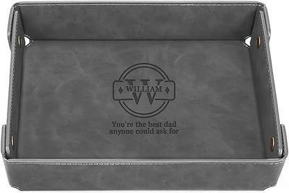 Engraved Father’s Day Leather Valet Tray – Personalized Leather Catch All with Custom Name – Men’s Valet Tray Organizer for Keys, Watches, and Jewelry – Unique Dad Gift from Daughter or Son - Grey
