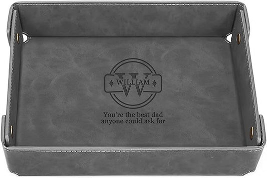 Engraved Father’s Day Leather Valet Tray – Personalized Leather Catch All with Custom Name – Men’s Valet Tray Organizer for Keys, Watches, and Jewelry – Unique Dad Gift from Daughter or Son - Grey