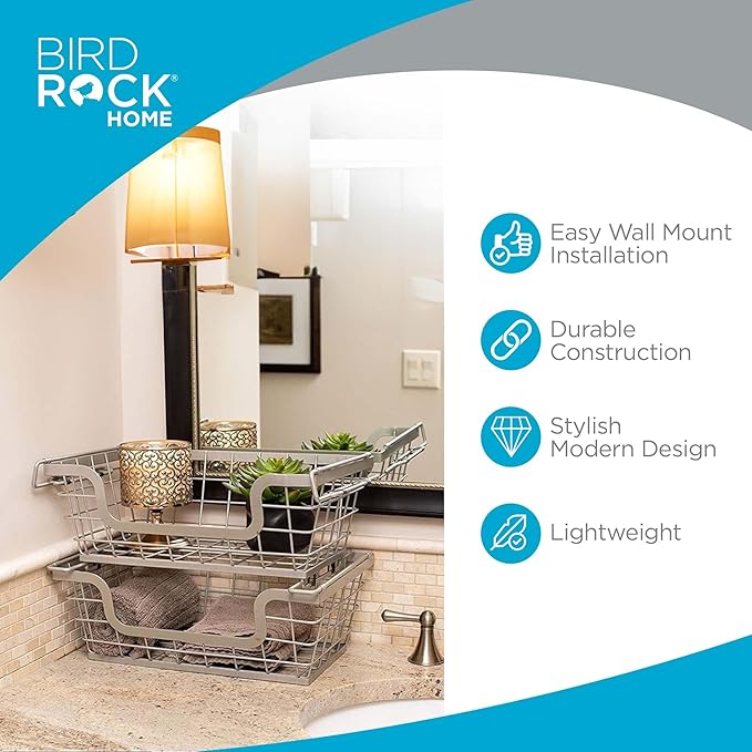 BIRDROCK HOME Wire Baskets - Set of 2 Stackable Hanging Bins - Wall Mount Shelf - Potato Onion Storage - Kitchen Pantry Organizer - Fruit Vegetable Snack Tier - Counter Cabinet Storage - Metal Baskets
