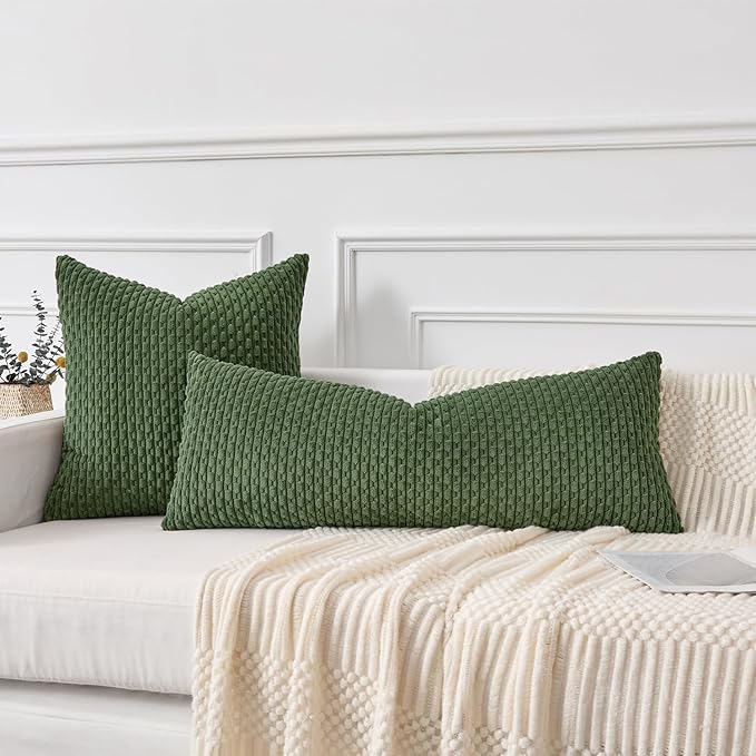 Kevin Textile 20x54 Inch Long Body Lumbar 1 Pack Boho Decorative Throw Pillow Cover Soft Striped Corduroy Rectangle Cushion Case Farmhouse Accent for Living Room Couch Sofa Bed, Moss Green