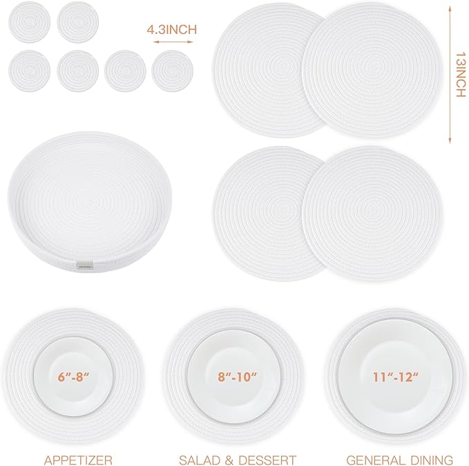 Woven Cotton Rope Round Placemats Set of 4 with Holder Included,13" Placemats&4.3" Coasters,White Round Table Mats -Natural Heat Resistant Place mats for Dinner Plates Table Decor