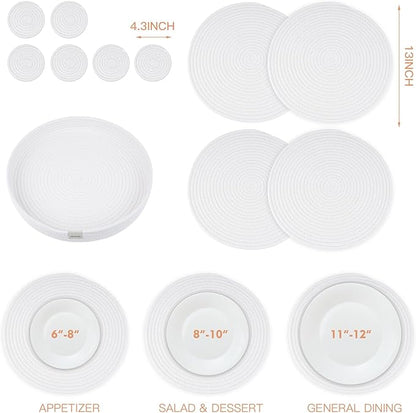 Woven Cotton Rope Round Placemats Set of 4 with Holder Included,13" Placemats&4.3" Coasters,White Round Table Mats -Natural Heat Resistant Place mats for Dinner Plates Table Decor