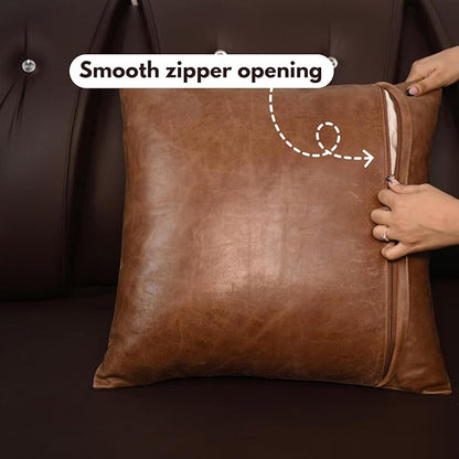 D DOLLY LAMB Lambskin Leather Pillow Cover - Sofa Cushion Case - Decorative Throw Covers for Living Room & Bedroom, 18x18 Inches - Tan & Brown Plain Pack of 2