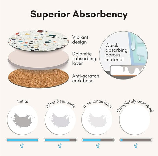 Terrazzo Drink Absorbent Coasters with Holder Set of 6, Ceramic Coaster for Drinks, Coffee Table Decor, Water Absorbing Stone Coaster for Drinks (Mosaic)
