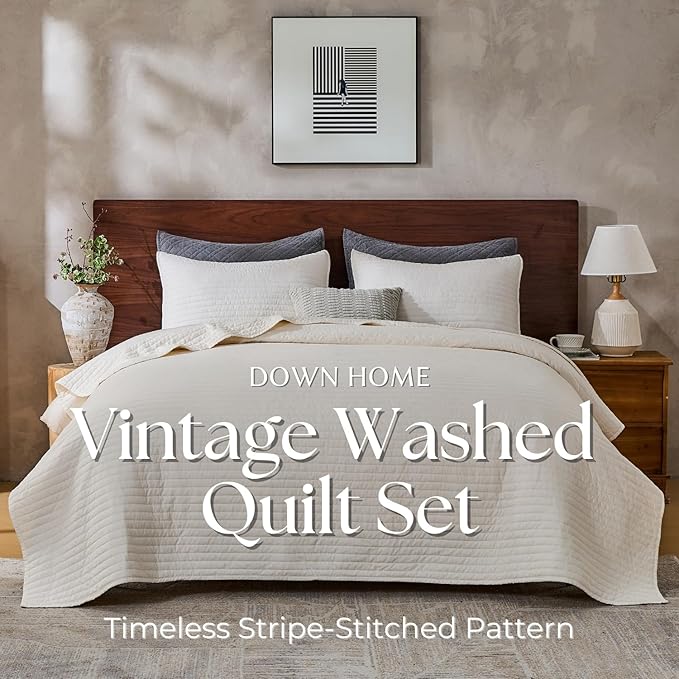 DOWN HOME Cali King Quilt Bedding Set with Shams, Vintage Washed Quilted Blanket Thin Comforter Lightweight Bedspread Coverlet Bed Cover, Brushed Microfiber Stripe Stitching, Linen White, 111"x92"