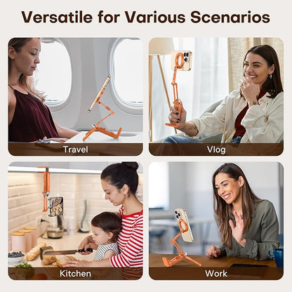 OMOTON 360°Rotating for MagSafe Tripod Mount, Adjustable Aluminum Magnetic Phone Tripod for iPhone 17/16/15/14 Pro Max Air, Foldable Cell Phone Stand Fits Vlog, Gym, Travel Essentials, Orange