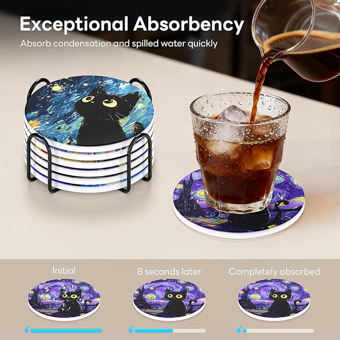6-Piece Ceramic Coaster Set with Tray Diameter: 3.94 in Thickened Absorbent Material Heat-Resistant and Water-Absorbent Coaster Set Suitable for All Types of Cups， Van Gogh Cats