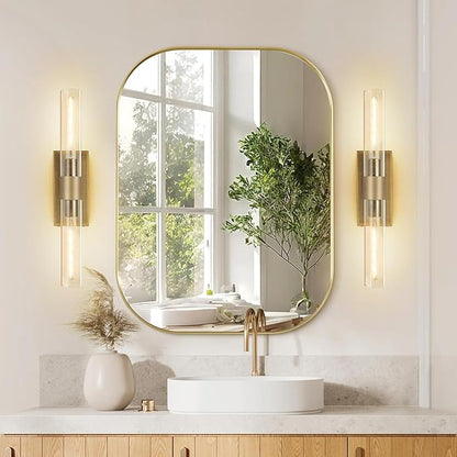 Wall Sconces Set of Two, 22.8" Gold Bathroom Sconces Wall Lighting with Clear Glass, Modern Sconces Wall Decor Brass Light Fixtures for Bathroom Mirror Living Room Hallway Bedroom