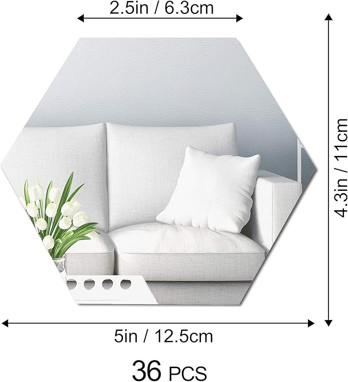 RW-103 36 PCS Acrylic Mirror Wall Stickers Hexagon Mirror Wall Decals DIY Removable 3D Geometric Hexagon Mirror Art Setting Wall Decor for Bedroom Living Room Office Kitchen Home Decoration (Silver)