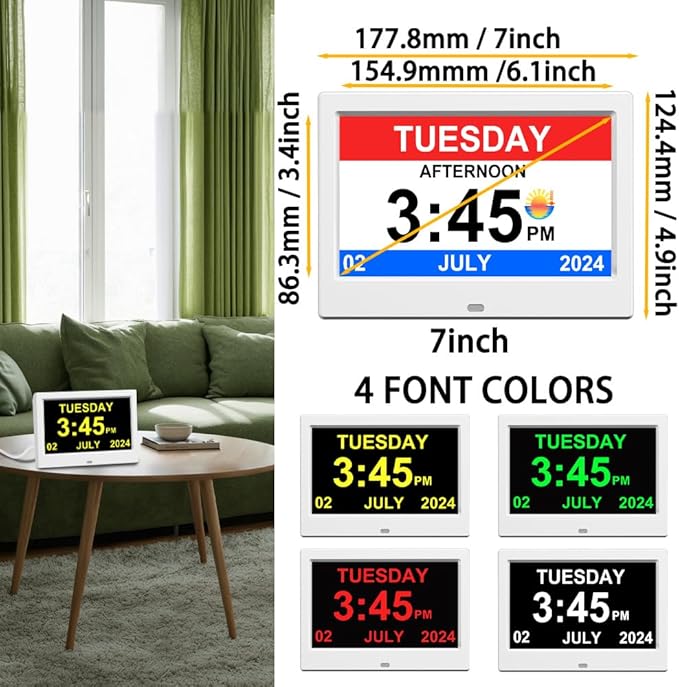 Alarm Clock with Day and Date for Elderly Digital Calendar Clock Photo Frame- Auto Dimmable Display 15 Alarm Options (7inch White)
