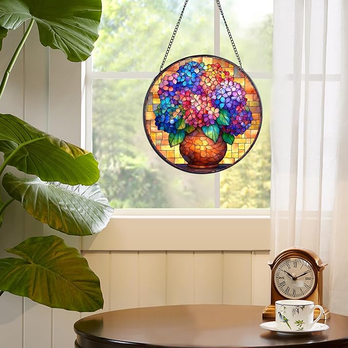 Hydrangea Stained Glass Window Hanging, 7.8" Round Sun Catcher Hand Painted Wall Art Decor with Chain, Unique Housewarming Gifts for Couples, Home