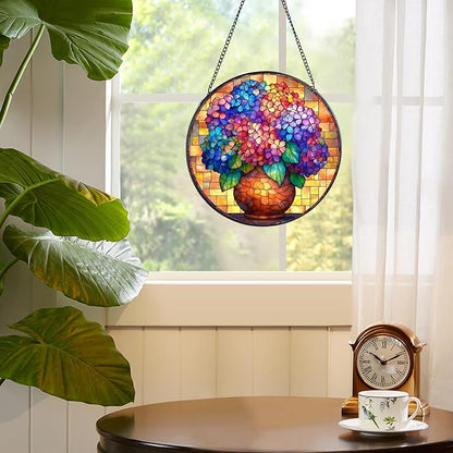 Hydrangea Stained Glass Window Hanging, 7.8" Round Sun Catcher Hand Painted Wall Art Decor with Chain, Unique Housewarming Gifts for Couples, Home