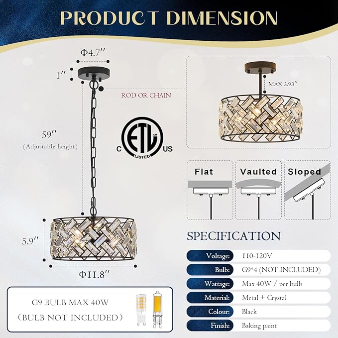 Black Crystal Pendant Light Farmhouse 4-Light, 12" Round Modern Semi Flush Mount Chandelier Ceiling Light for Kitchen Island, Dining Room, Bedroom, Hallway, Foyer