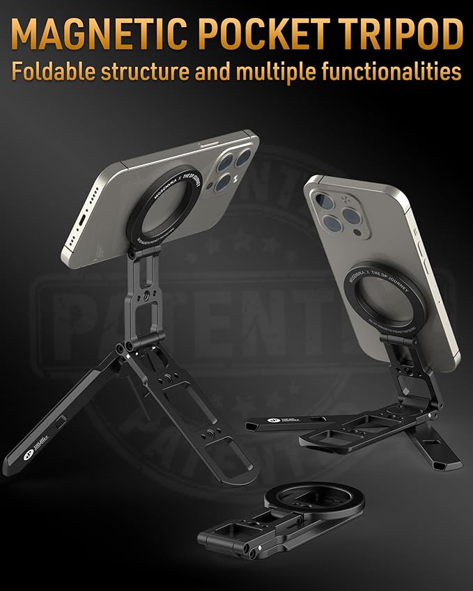 Dual Magnetic Phone Tripod Foldable Double Magnet Mount Pocket Cell Phone Stand for iPhone 16/15/14/13/12 Plus Max for Ipad Travel Gym Magnetic Tripod [US Patent Registered]