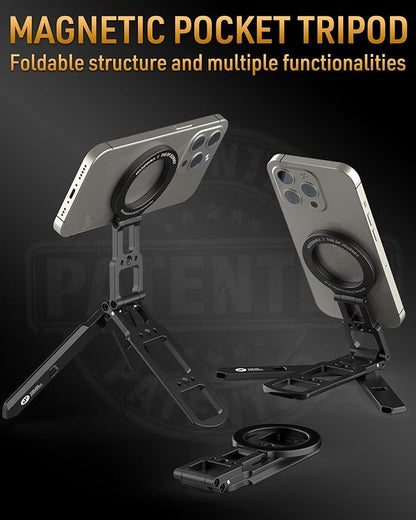 Dual Magnetic Phone Tripod Foldable Double Magnet Mount Pocket Cell Phone Stand for iPhone 16/15/14/13/12 Plus Max for Ipad Travel Gym Magnetic Tripod [US Patent Registered]