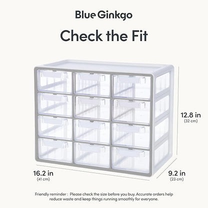 Blue Ginkgo Large 12-Drawer Cabinet – Stackable Clear Organizer for Hardware, Beads, Plastic Bricks, Office, and Craft Storage (Made in Korea, Gray)
