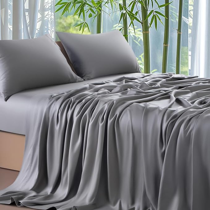 Shilucheng 100% Viscose Derived from Bamboo_ Sheets Full Size 4pcs - Ultra Cooling & Silky Soft Bed Sheets, 16" Deep Pocket, Perfect for Hot Sleepers, Hotel Bedding Sheets (Grey)