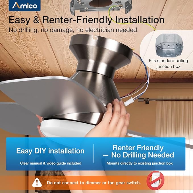 Amico Ceiling Fans with Lights, 52 inch Low Profile Ceiling fan with Light and Remote Control, Flush Mount, Reversible, 3CCT, Dimmable, Noiseless, Nickel Ceiling Fan for Bedroom, Indoor/Outdoor Use