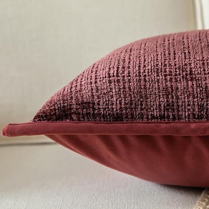 Yaertun Pack of 2 Chenille Textured Decorative Throw Pillow Covers Accent Solid Cushion Cover Soft Cozy Pillow Case with Velvet Back for Couch Sofa Bed Living Room 12x20 Inch Burgundy