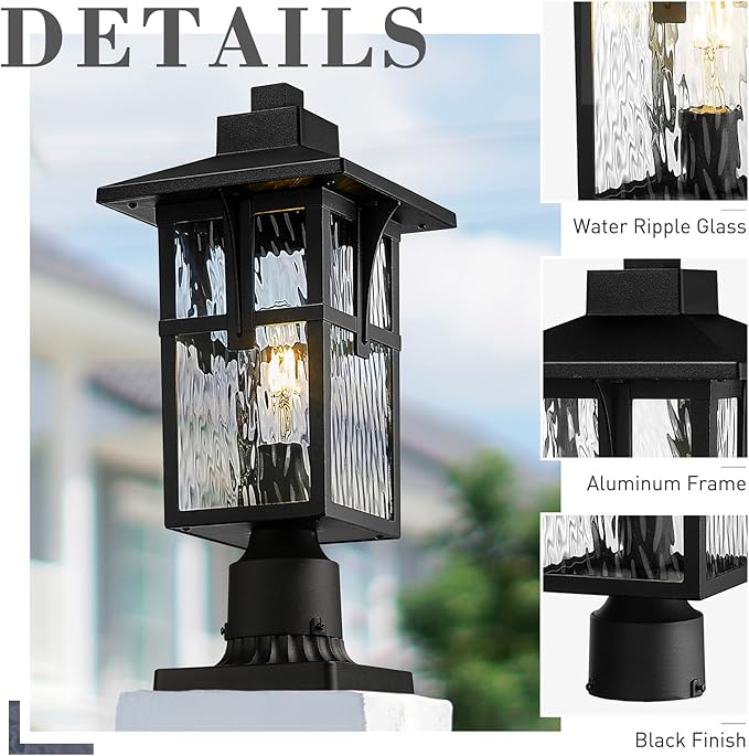 zeyu 16.7 Inch Outdoor Pole Light, Lamp Post Light Fixture for Garden Pathway, Die-Cast Aluminum with Water Ripple Glass, Black Finish, ZX1P-SW BK