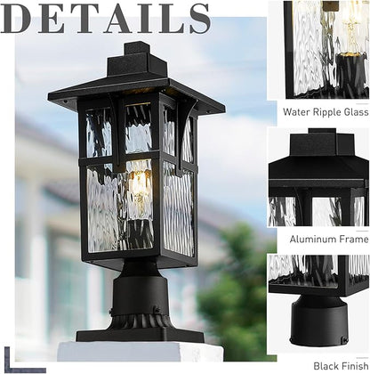 zeyu 16.7 Inch Outdoor Pole Light, Lamp Post Light Fixture for Garden Pathway, Die-Cast Aluminum with Water Ripple Glass, Black Finish, ZX1P-SW BK