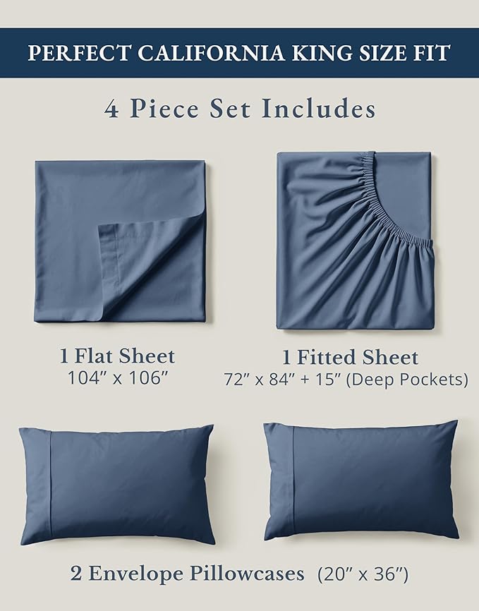 LANE LINEN 100% Organic Cotton Sheets for California King Size Bed - Soft Percale Sheets, Breathable Luxury Hotel Style Fully Elasticized Mercerized 15" Deep Pocket Cal King Sheet Set- Estate Blue