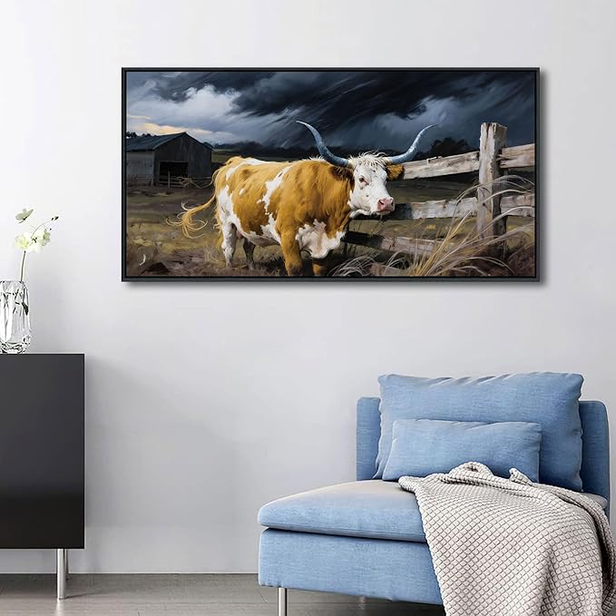 Highland Cow Wall Art - Rustic Pictures for Living Room,Framed Country Wall Decor, Vintage Artwork for Walls, Longhorn Cow wall Decor - Large Farmhouse Canvas for Bedroom 20×40IN