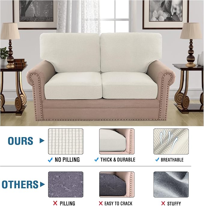 H.VERSAILTEX Multi-Pieces Loveseat Covers for 2 Cushion Couch High Stretch Couch Cushion Covers Jacquard Textured Twill Fabric(2 Seat Covers Plus 2 Back Cushion Covers, Ivory)