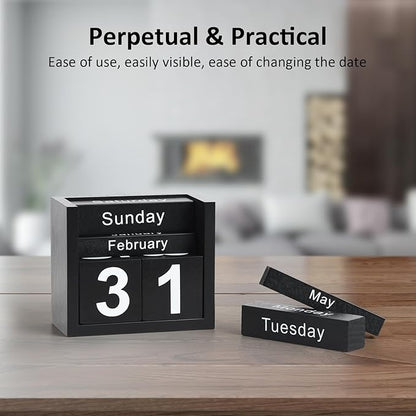 Wooden Block Calendar for Desk, Daily Desktop Perpetual Desk Calendar, Cute Date Display Blocks Desk Accessory for Home Office Decor, Teacher, Classroom, Reusable Yearly, Black