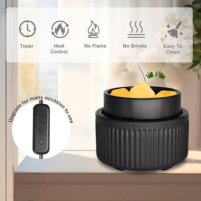 Ceramic Wax Melt Warmer with Timer - Electric Wax Warmer, Oil Burner & Candle Melter, Adjustable Heat and Auto Shut-Off for Home Office Decor, Ideal Gift（Black）