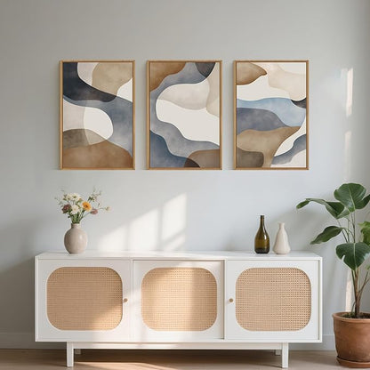 Large Abstract Watercolor Block Framed Canvas Wall Art,Colorful Neutral Geometric Wall Decor,Beige Blue and Brown Artwork,Modern Minimalist Line Art Print for Living Room,Bedroom- 16"x24"x3