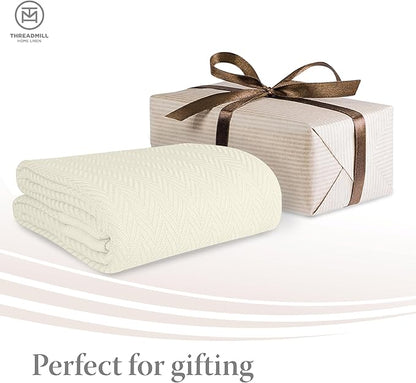 Threadmill Luxury Cotton Blankets for King Size Bed | All-Season Cozy 100% Cotton King Size Blanket | Herringbone Soft Fall Thermal Blanket fits Cal King Size Bed | Tusk White