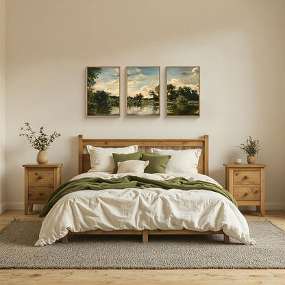 Large Natural Forest and Lake Framed Canvas Wall Art,Modern Countryside Wall Decor,Vintage Neutral Landscape Artwork,Rustic Antique Scenery Art Print for Living Room,Bedroom,Office- 16"x24"x3