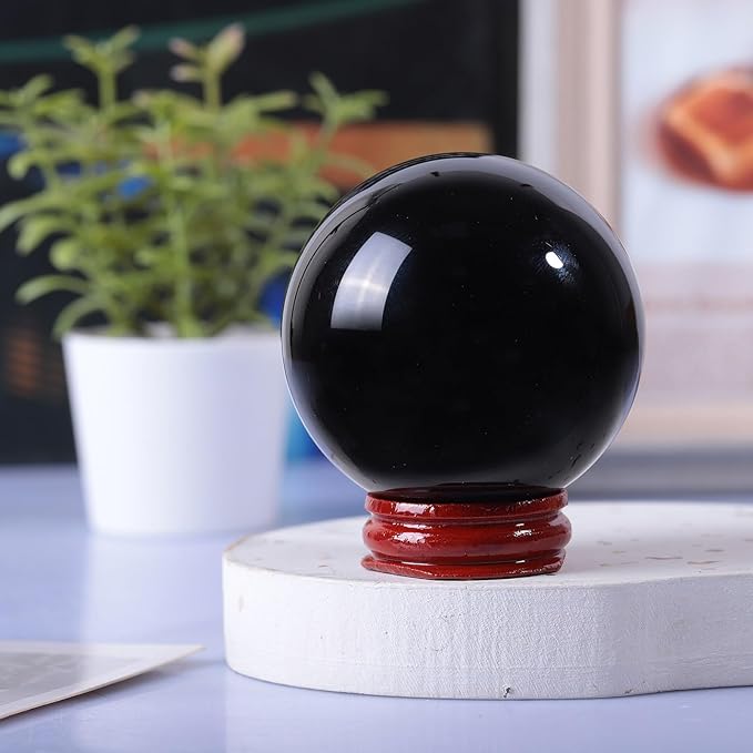 Sportmusies Natural Black Obsidian Stone Sphere with Wooden Stand, Polished Crystal Ball Decoration for Home & Office