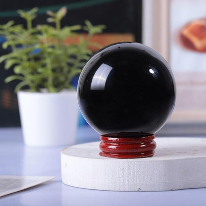 Sportmusies Natural Black Obsidian Stone Sphere with Wooden Stand, Polished Crystal Ball Decoration for Home & Office