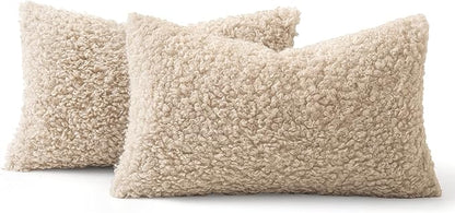 MIULEE Pack of 2 Lumbar Faux Fur Throw Pillow Covers 12x20 Inch Neutral Oatmeal Boucle Decorative Sherpa Pillow Covers Fuzzy Accent Soft Sheepskin Fleece for Boho Home Decor Sofa Living Room Bed Chair