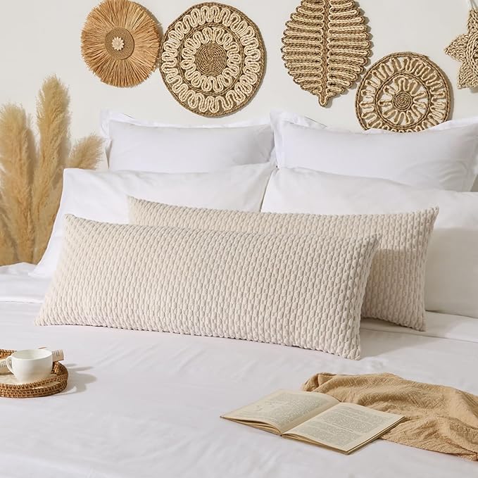 Kevin Textile 14x36 Inch Long Lumbar 1 Pack Boho Decorative Throw Pillow Cover Soft Striped Corduroy Rectangle Cushion Case Farmhouse Solid Color Accent for Living Room Couch Sofa Bed, Cream White