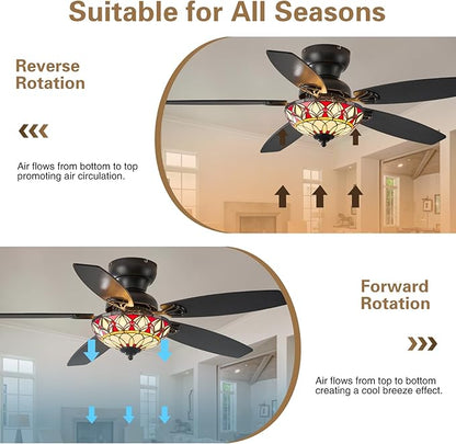 Tiffany Ceiling Fans with Lights - 48" Ceiling Fan Chandelier with 5 Dual-Blades and Glass Shade, 6 Speeds and Reversible, Indoor and Outdoor, Retro Style