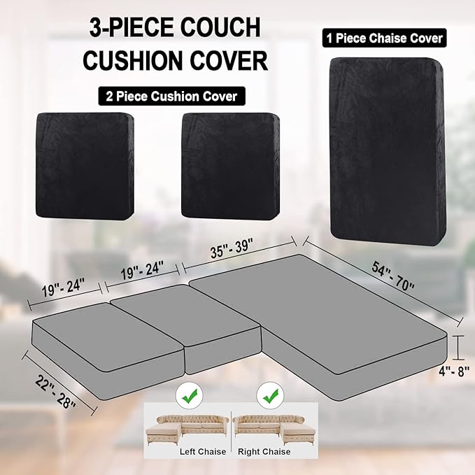 NAISI Sectional Couch Cover 3 Pieces Velvet Separate Couch Cushion Covers L Shape Soft Stretch Sofa Slipcovers with 2pcs Pillowcases for Left/Right Chaise Sectional Couch(2 Seater+1 Chaise,Black)